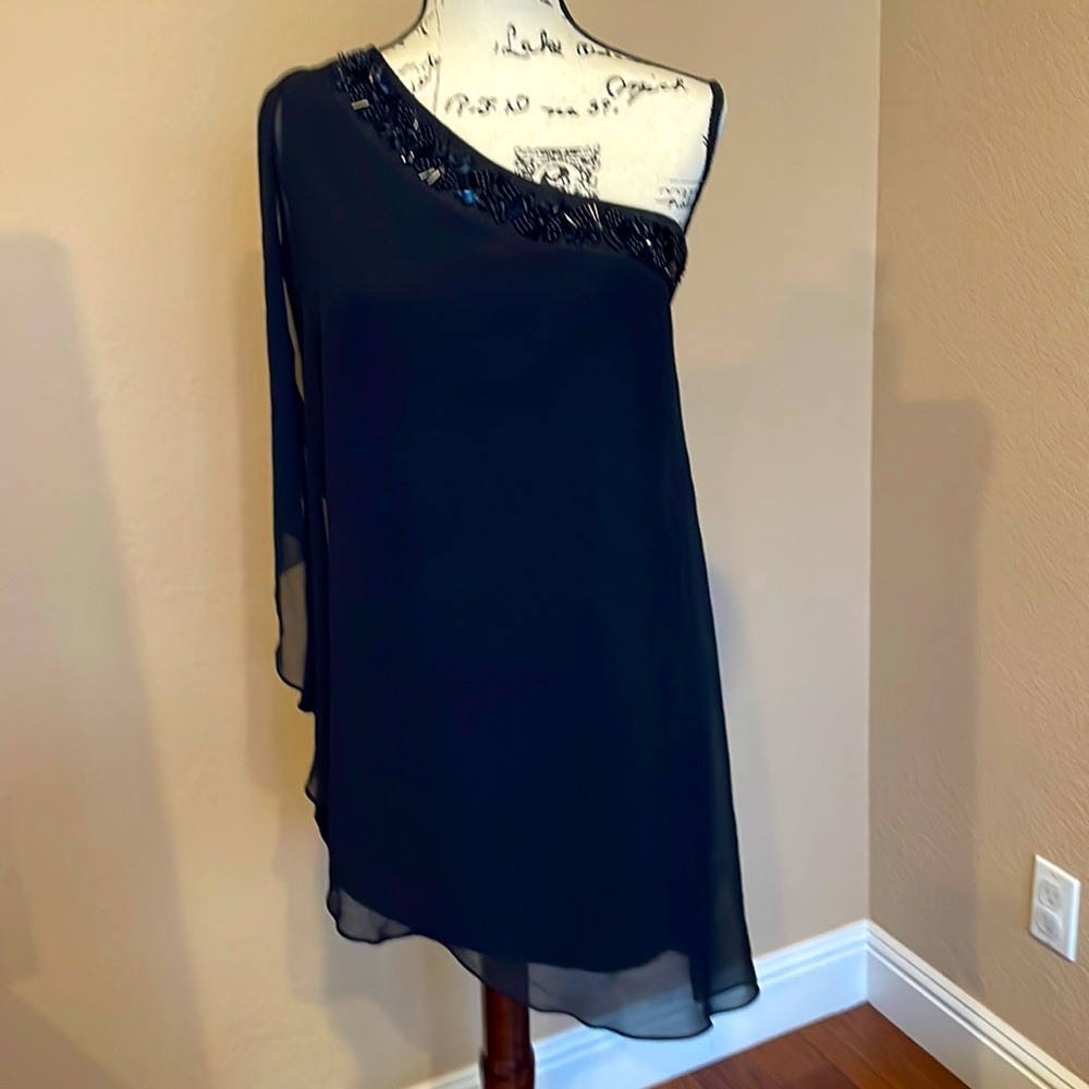 Black cocktail dress, one shoulder